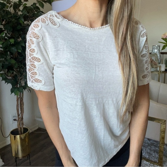 Sandro Paris White Short Embroidered Lace Sleeves Crew Neck Size L - Picture 5 of 13